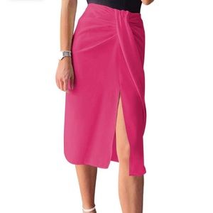 Ruched Front Slit Midi Skirt Bright Pink